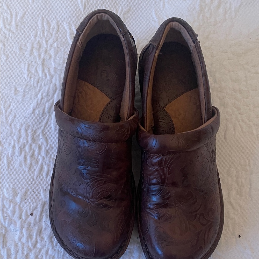 Born Brown Embossed Leather Clogs